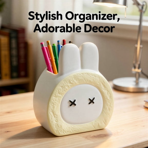 Creative Ceramic Pen Holder, Cute Rabbit Desktop Pencil Organizer, Unique Cartoon Design Pen Storage for Office & Home Decor, White