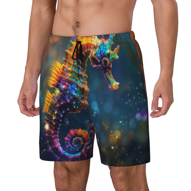 Balery Neon Seahorse Underwater Realm Bañador para hombre, shorts de playa de secado rápido con entrepierna y forro de compresión-3X-Large