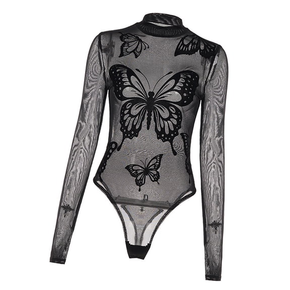 Elegant Butterfly Print Sheer Mesh Long Sleeve Bodysuit For Women Stretch Fabric Mock Neck Fitted Jumpsuit Party Wear