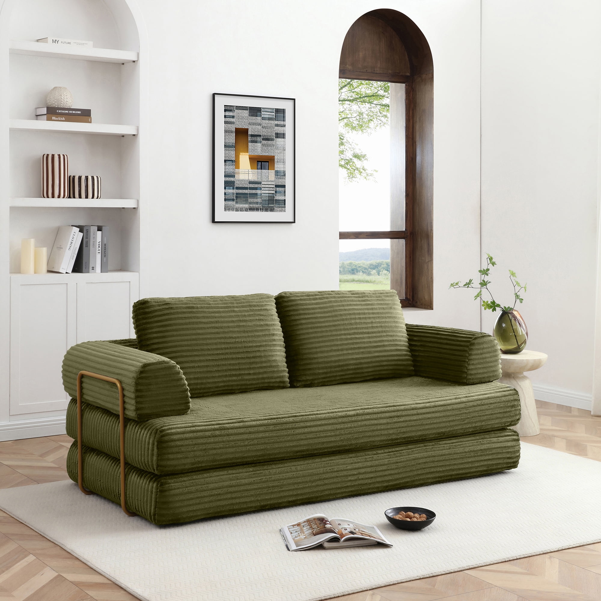 79.5" Convertible Sofa Bed,Folding Sleeper Sofa Couch Bed with Fixed-Shape Frame,Corduroy Fold Out Sleeper Loveseat for Living Room,Bedroom,Apartment,Green