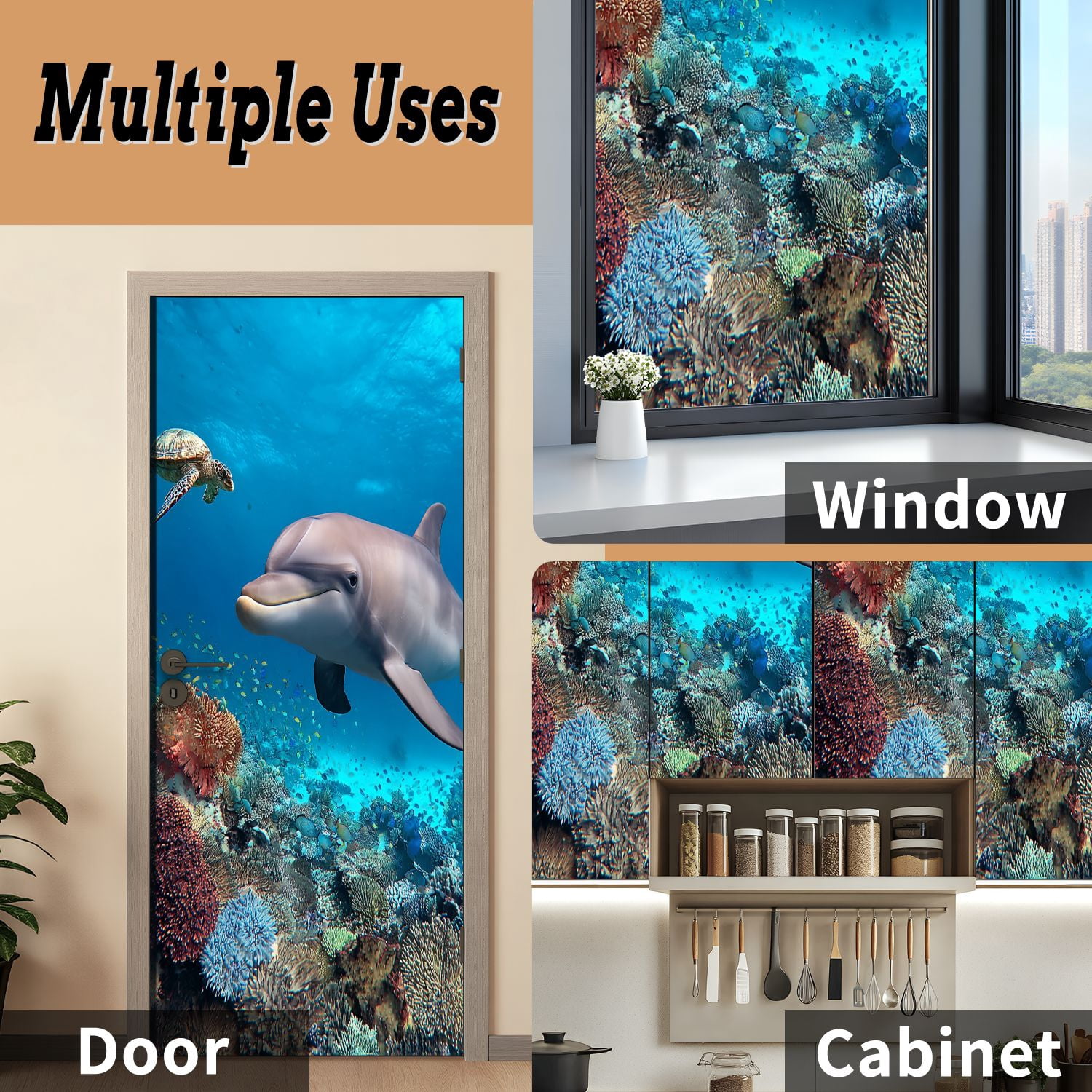 Self Adhesive Vinyl Refrigerator Wrap Set dolphin turtle underwater Door Mural Removable Fridge Sticker Peel and Stick&nbsp;Full Door Cover Decal Kitchen Bar Decor