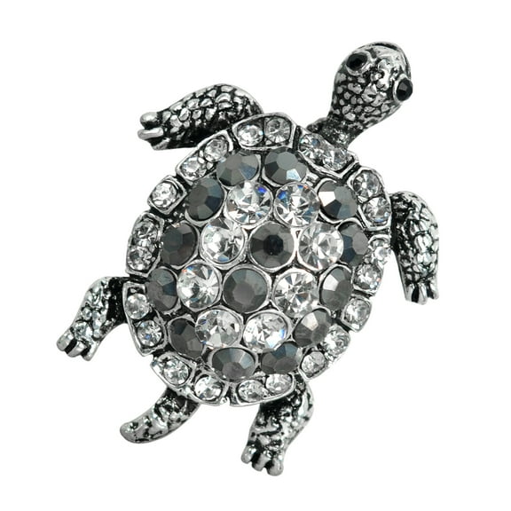 Gyn&Joy Antique Silver Tone Black And Clear Crystal Colored Rhinestones Sea Turtle Brooch Pin