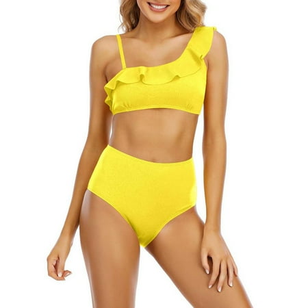 Womens Bikinis Summer Solid Color Spaghetti Strap Bra And Panty Set Split High Waist Backless Two Piece Tankini Swimsuits For Women Activewear Yellow S