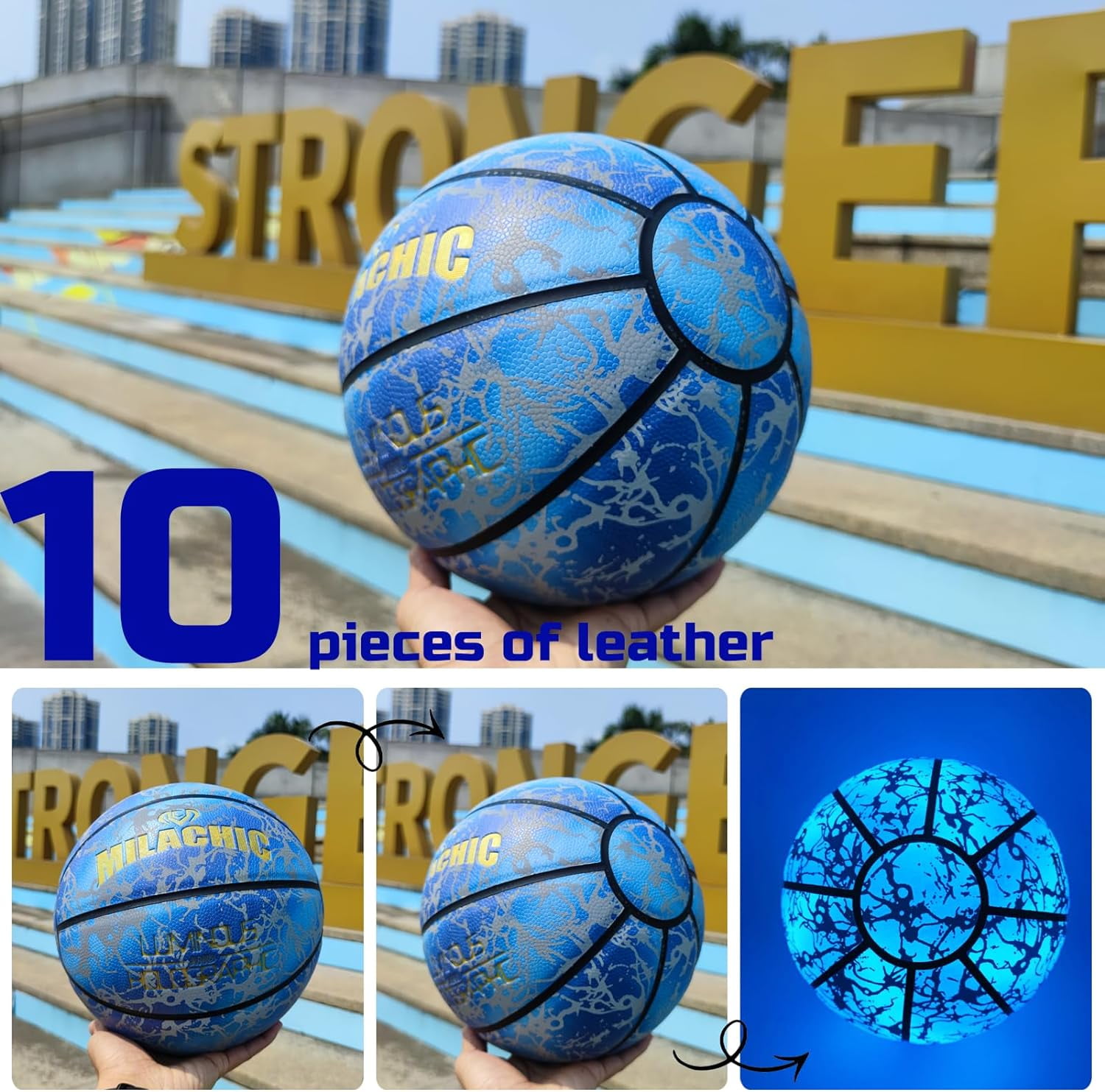 Basketball, Glow in The Dark Holographic Basketball, Official Size 7 Indoor Outdoor Luminous Glowing Leather Basketball 29.5" - with Pump