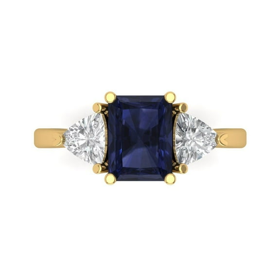 2.82 ctw 3 Stone Anniversary Ring for Women | Emerald Cut Simulated Blue Sapphire | Hyperallergenic Solid 14K Yellow Gold