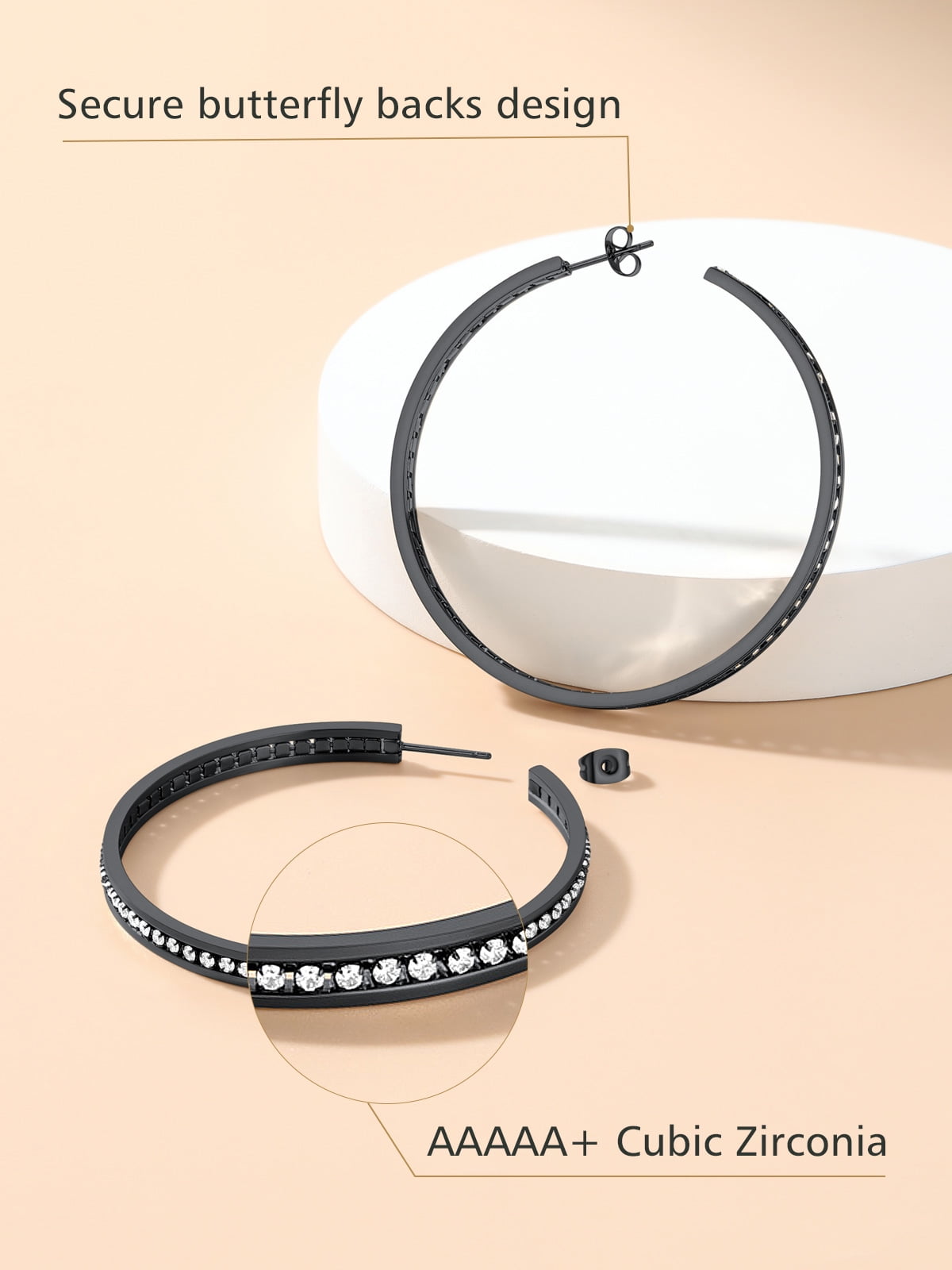 FindChic Black Hoop Earrings for Women Stainless Steel Hoops with Cubic Zirconia Inlaid Birthday Mothers Day Jewelry Gifts Her Mom Wife, 60mm