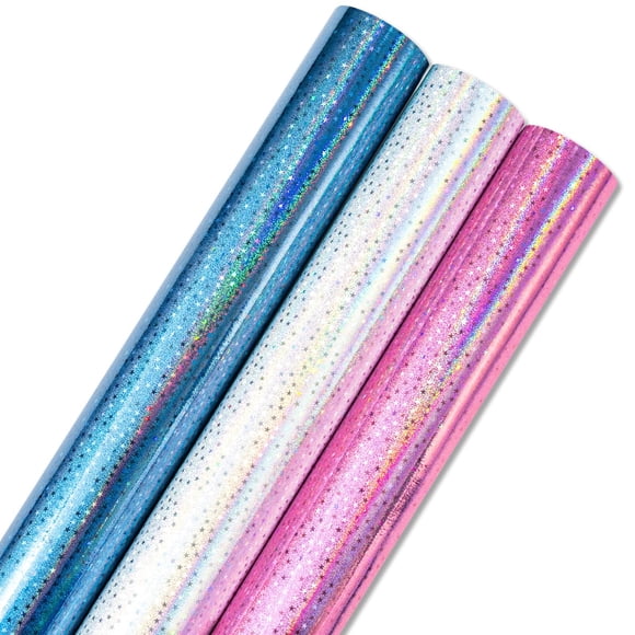 Papel de regalo Burymento con forma de estrella holográfica metálica en miniatura, 43 x 305 cm, 3 rollos