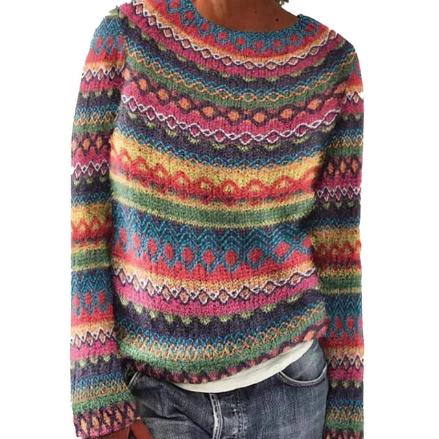 Liquidation! Lisingtool Chandail Rétro à Imprimé Île en Tricot pour Femme, Décontracté, Ample, Col Rond, Manches Longues, Léger, Court