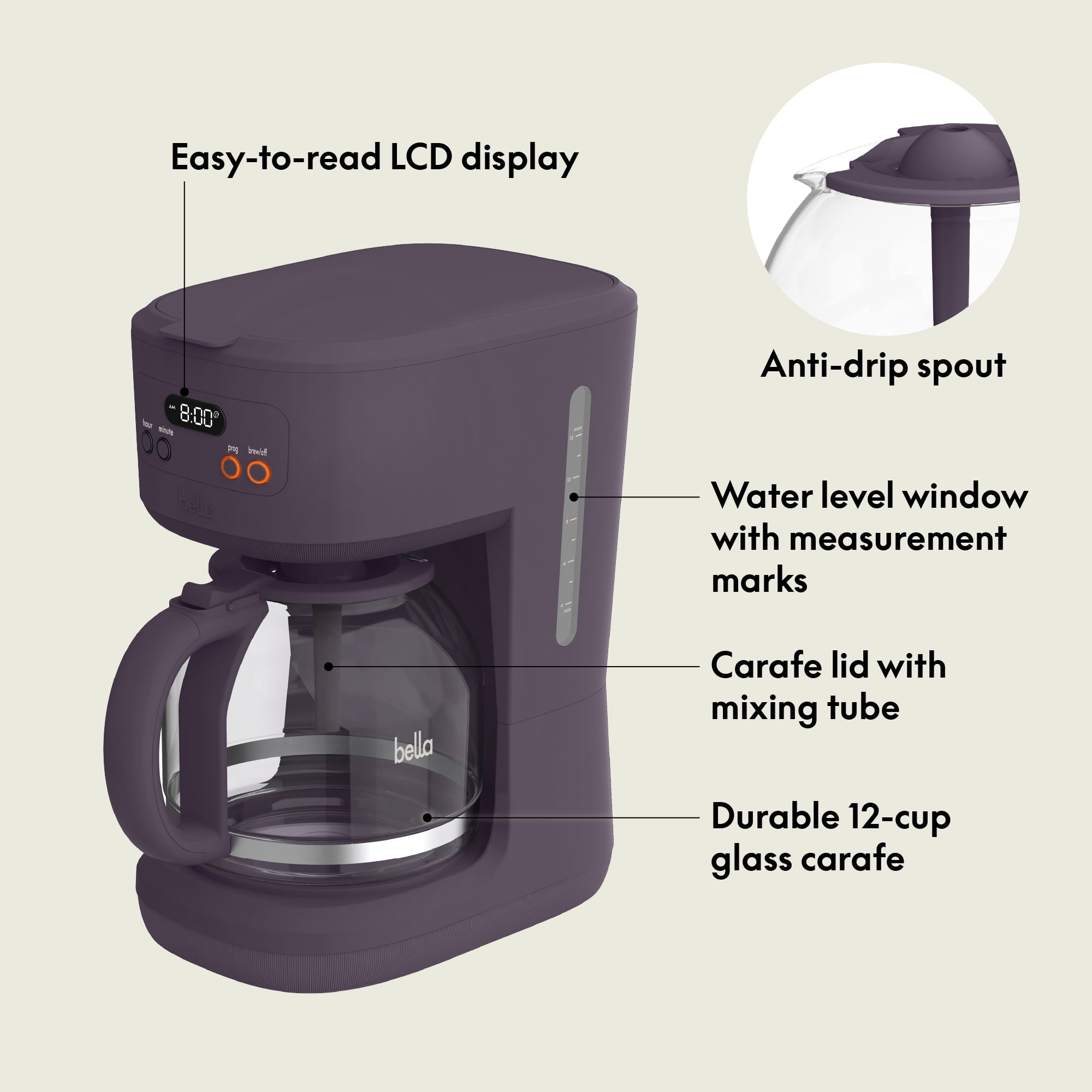 bella 12 Cup Programmable Drip Coffee Maker with Glass Carafe, Auto Shut-Off, Plum