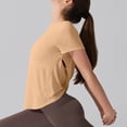 thumbnail image 4 of Yoga Workout Short Sleeve Tees for Women Crewneck Ruched Back Cutout Loose Tunic Tops Lightweight Quick Dry Athletic Shirts Activewear Khaki, 4 of 7