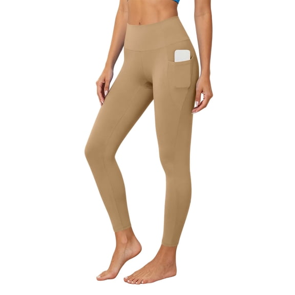 Edvintorg Yoga Pants with Pockets for Women Solid Color High Waisted Stretch Workout Trouser Womans Clothes Khaki S-2XL