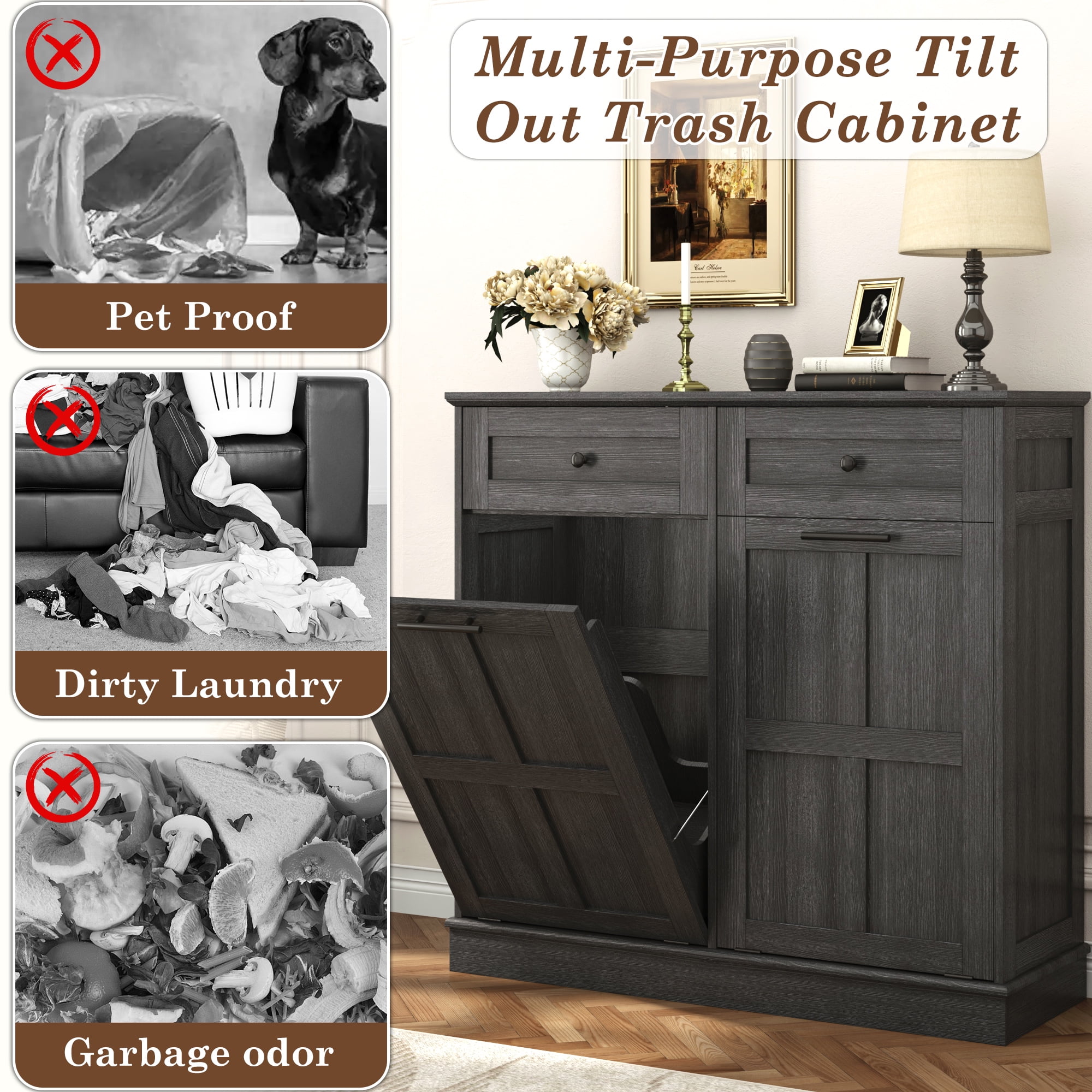 Blotout Double Tilt Trash Cabinet with 2 Hidden Drawers,Kitchen Hidden Trash Can with Flip Cover,Suitable for Kitchen,House,Apartment,Dormitory,Laundry Room