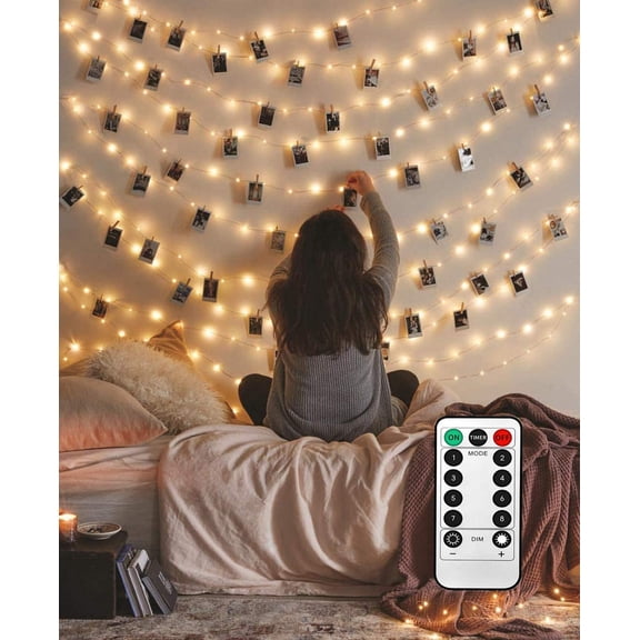Morttic Photo Hanging Clips String, 50 LED Photo Clips String Lights 17ft Photo String Lights with Clips, 8 Modes Fairy Lights with Clips for Pictures, with Remote Function for Photos Pictures Cards