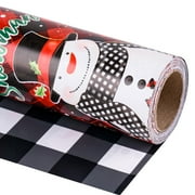 LeZakaa Christmas Wrapping PriNst Paper Mini Roll, Snowman & White Black Buffalo Plaid Xmas Reversible Design, Holiday Party Gift Wrap for Kids Boys Girls, 17 in x 32.8 Ft