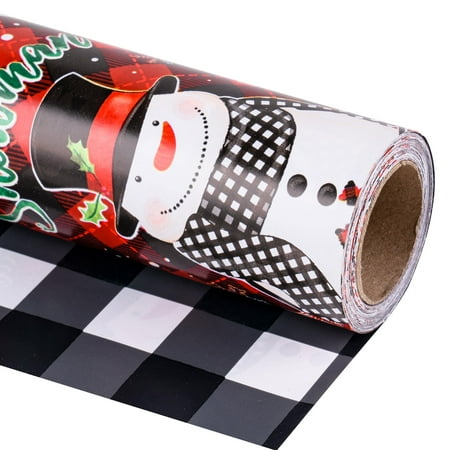 LeZakaa Christmas Wrapping PriNst Paper Mini Roll, Snowman & White Black Buffalo Plaid Xmas Reversible Design, Holiday Party Gift Wrap for Kids Boys Girls, 17 in x 32.8 Ft