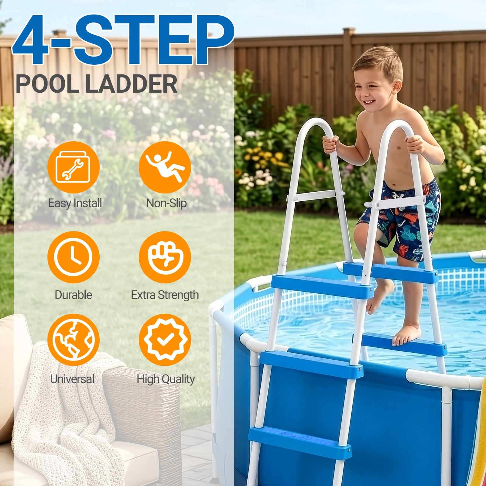 Zimtown 4-Step Pool Ladder, 52 Inch Above Ground Swimming Pool Ladder with White Metal Frame & Blue Steps, Heavy-Duty Entry Ladder
