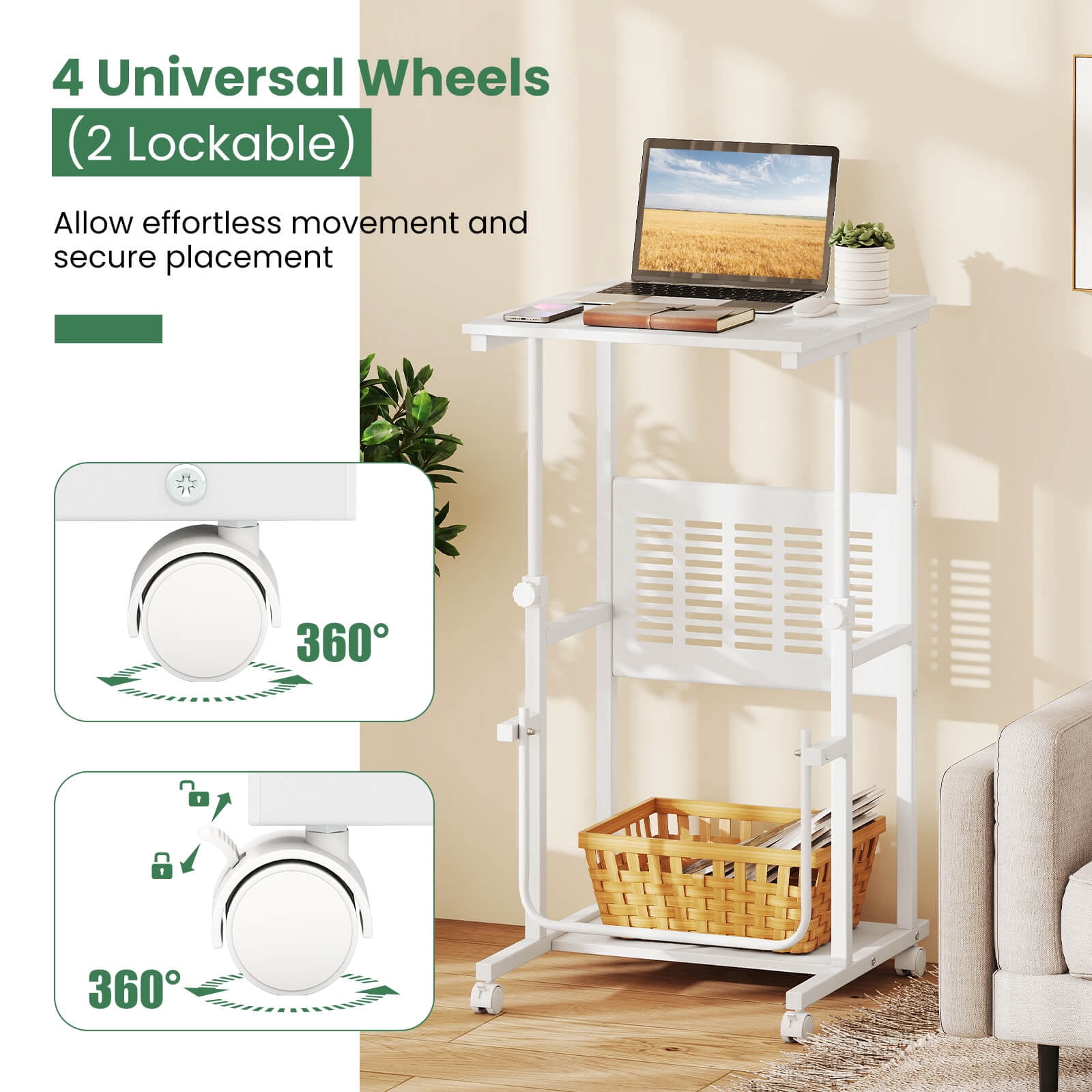 Costway Mobile Stand Up Desk Height Adjustable Computer Standing Desk with wheels &Footrest,White
