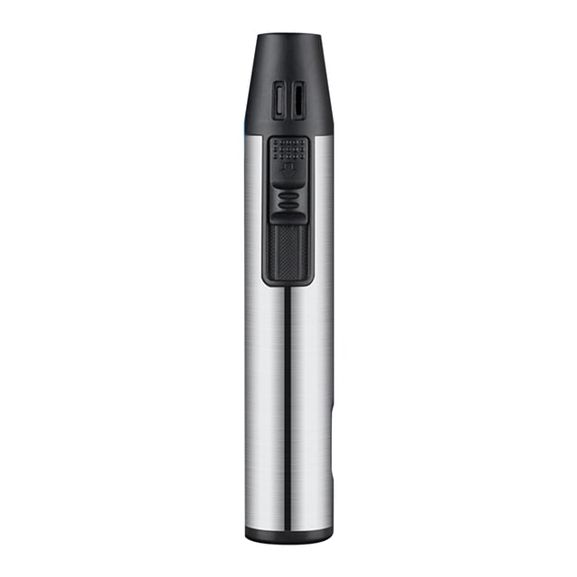 Mini encendedor metálico de inyección directa | Soplete de butano portátil y recargable • Tamaño compacto de 4,25 pulgadas, diseño a prueba de fugas, 46g • Llama cortaviento para acampada al aire