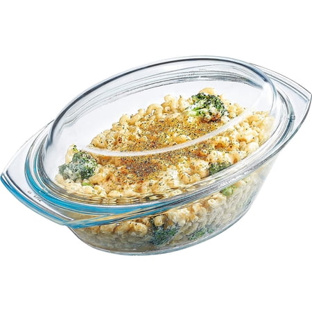 Clear Oval Shaped Glass Casserole with Tight Fitting Lid – Heat, Cold and Shock Proof – Made in Europe – Oven, Freezer and Dishwasher Safe – 3 Quart (Plus 1.4 Quart Lid) Glass Baking Dish