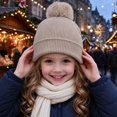 thumbnail image 5 of Cethrio Girls Pom Pom Beanie Hats, Warm Ribbed Knit Outdoor Soft Winter Hats Beige Size 2-12 Years, 5 of 7