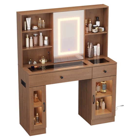 Makeup Vanity Desk with Mirror & LED Lights, 41" White Vanity with Power Outlet, Glass Cabinets & Drawers, Dressing Table for Bedroom