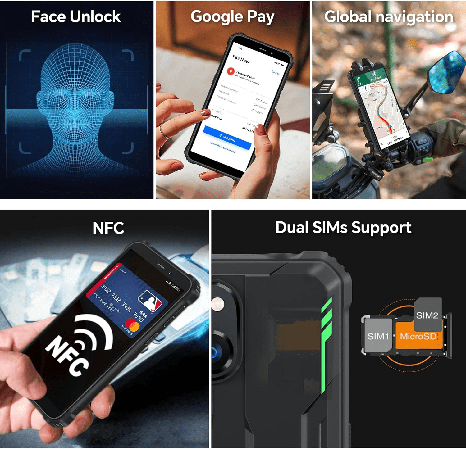 OUKITEL WP32 Rugged Smartphone - 12GB RAM+128GB ROM 1TB Expansion Android 14 Rugged Cell Phone, 6 inches Big Screen, 6300mAh Battery 20MP+5MP Camera, 4G Dual SIM,NFC,BT5.0,Face ID,T-Mobile, Green