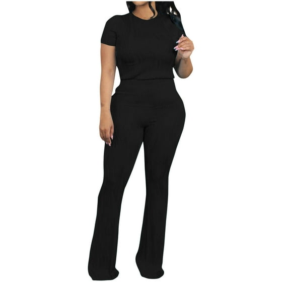 Mqqzkk 2 Piece Outfits For Women Casual Yoga Short Sleeve Tops And Slim Fitted Leg Long Pants Matching Lounge Sets