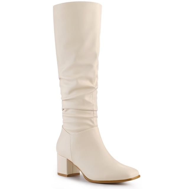 BLISSFUL STEP Women's Knee High Boots Square Toe Slouch Chunky Heel Cream 7