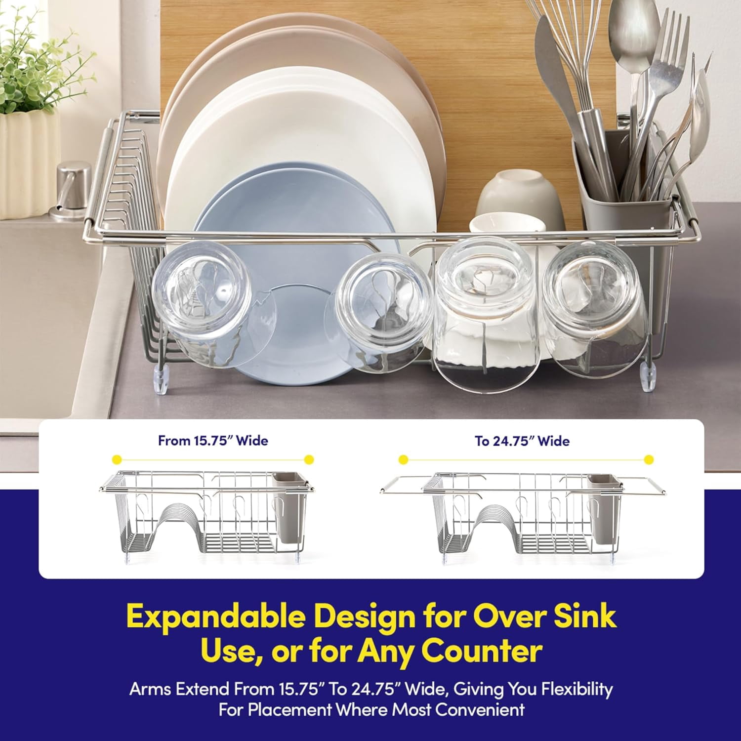 Dish Drying Rack Over The Sink Expandable to 24.5" Dish Drainer — Space-Saving Rectangular Kitchen Extending Drying Station with Utensil Holder, Fits Most Sinks for Easy Dish Organization, Gray