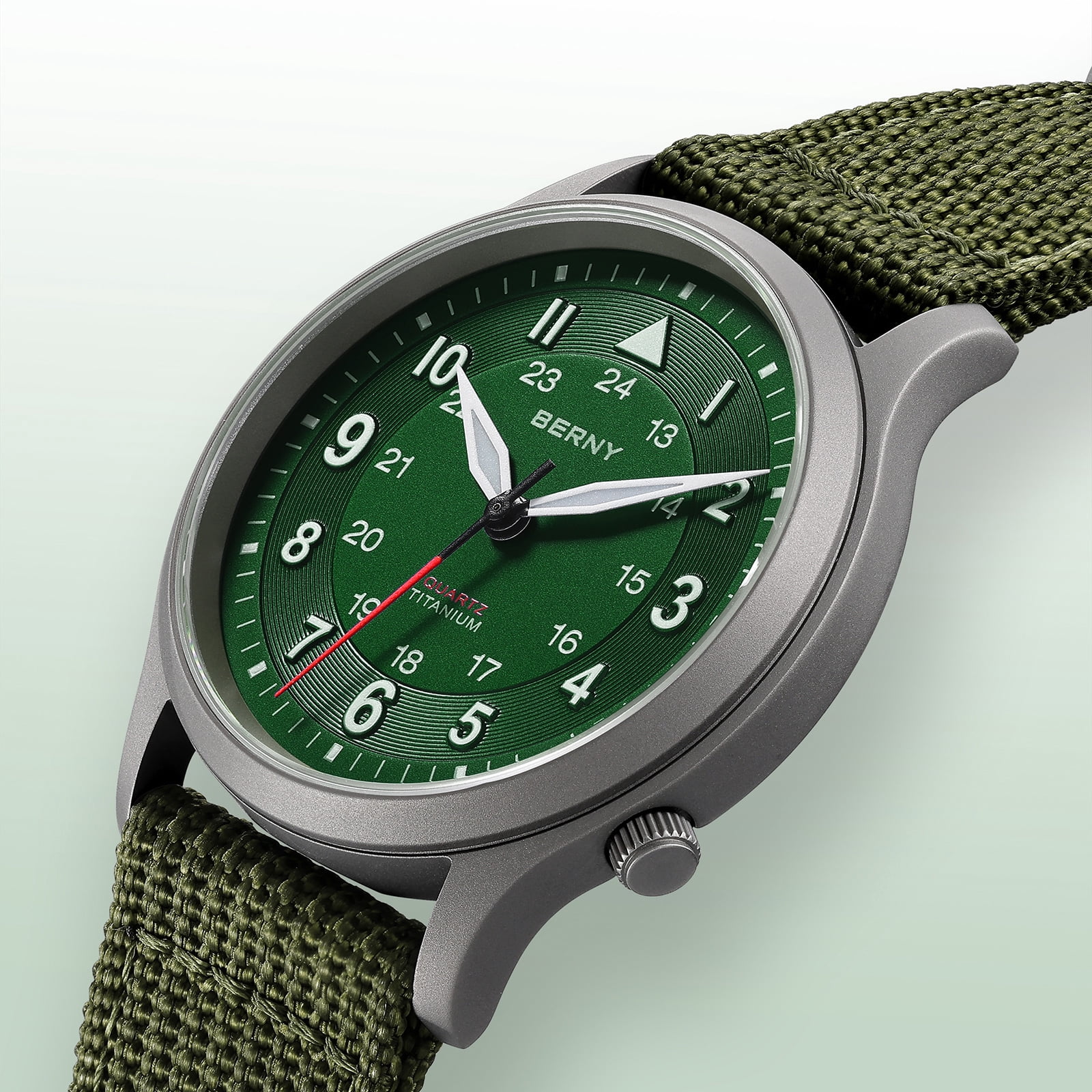 BERNY Titanium Watches for Men, Japanese Quartz Movement Men's Field Watch, 5ATM Waterproof Military Wristwatch for Men, Analog Sport Watches, Green