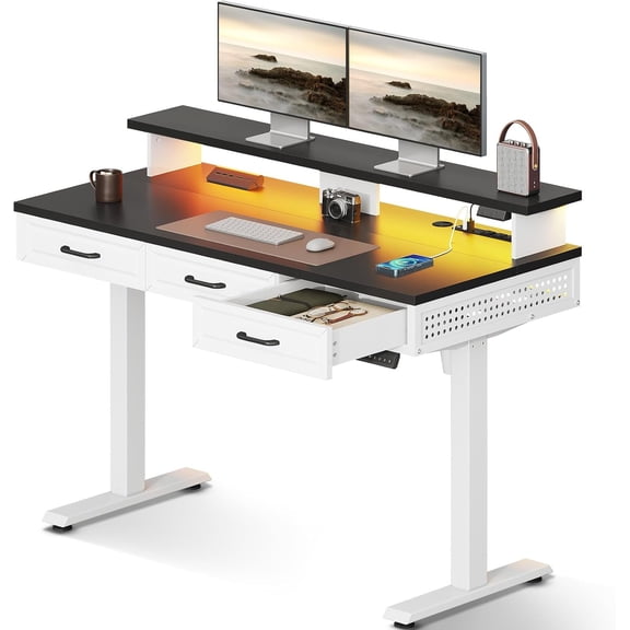 OffiGo Electric Standing Desk with 3 Wooden Drawers, 48 Inch Height Adjustable Desk with Power Outlets & LED Lights, Black and White Sit Stand Table with Monitor Stand for Home, Office, Workstation