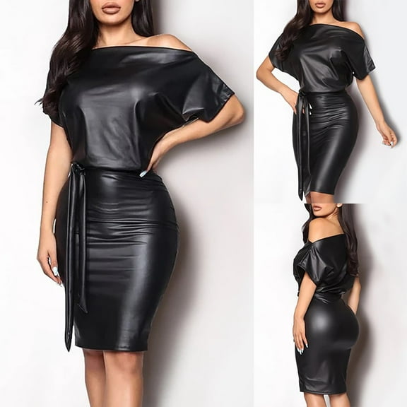 ZZwxWA Women Sexy Leather Bodycon Dress, Off Shoulder Summer Midi Sundress Womens Evening Party Club Night Dresses with Belt