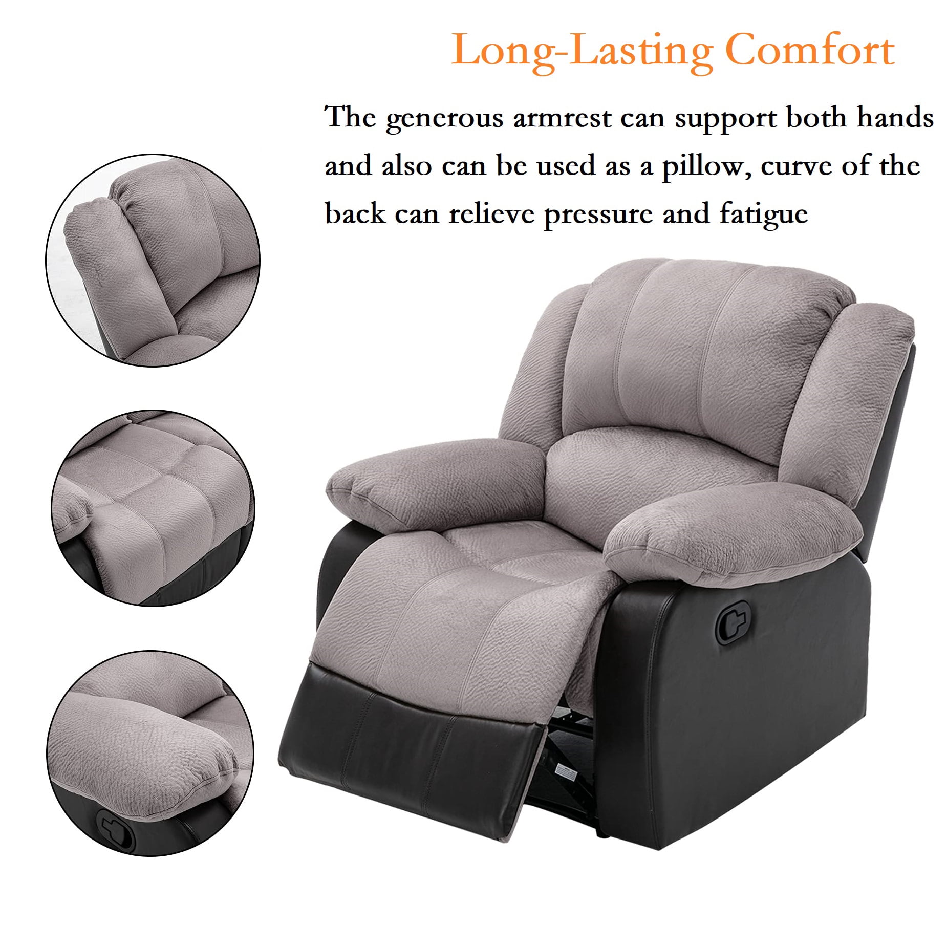 Nathaniel Home Manual Single Reclining Sofa, Champion PU Leather Upholstered Couch, Tufted Recliner, Plush Scoop Seating, for Living Room Home Theater, Gray