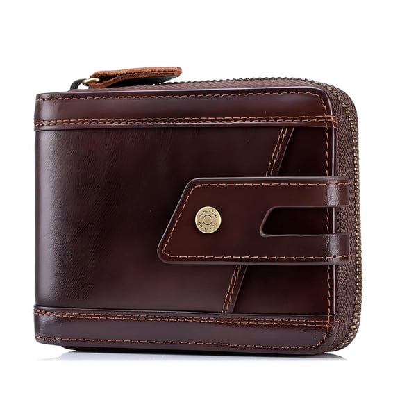 SCHLATUM Men's RFID Blocking Wallet Genuine Leather Zip Around Wallet with 13 Card Slots ID Window Coin Pocket for Daily Use Business Travel,  Coffee
