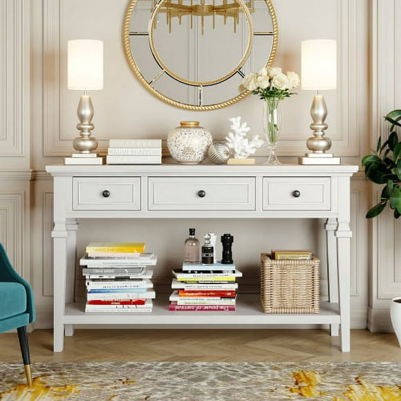 Farmhouse Wood ConsoleTable for Hallways Narrow Foyer Sideboard with Drawers and Bottom Shelf for Entryway, Antique White