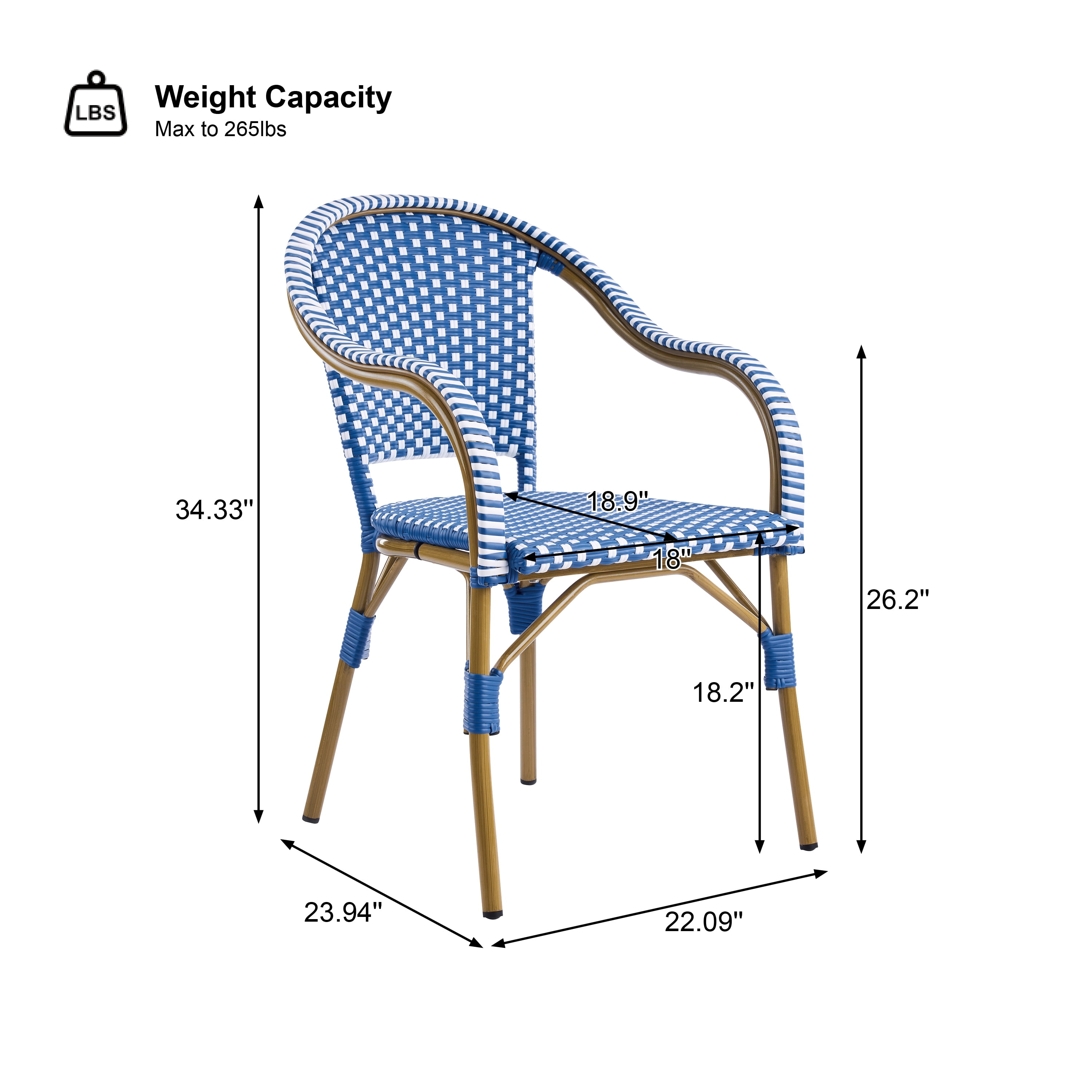 Bistro Chairs Set of 2, Outdoor Aluminum Frame Weather Resistant PP Rattan Chairs for Porch Garden, Natural and Blue and White