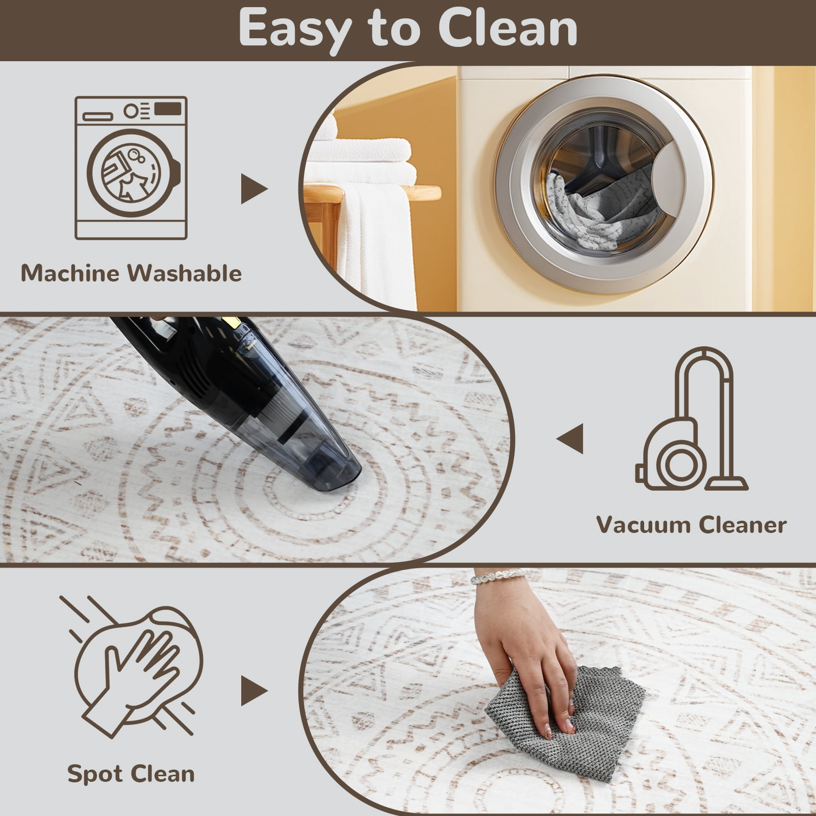 Pentantan 4'x4' Vintage Round Area Rugs, Machine Washable Living Room Rug, Soft Moroccan Indoor Carpet for Bedroom, Brown