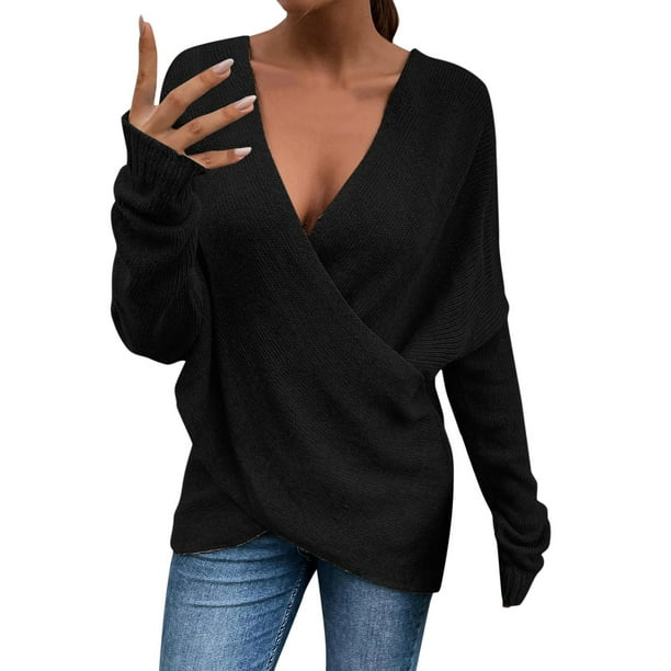 Gibobby Suéter de Cuello en V para Mujer, Suéter Ligero con Cuello en V pulóver para Mujer(Negro,M)