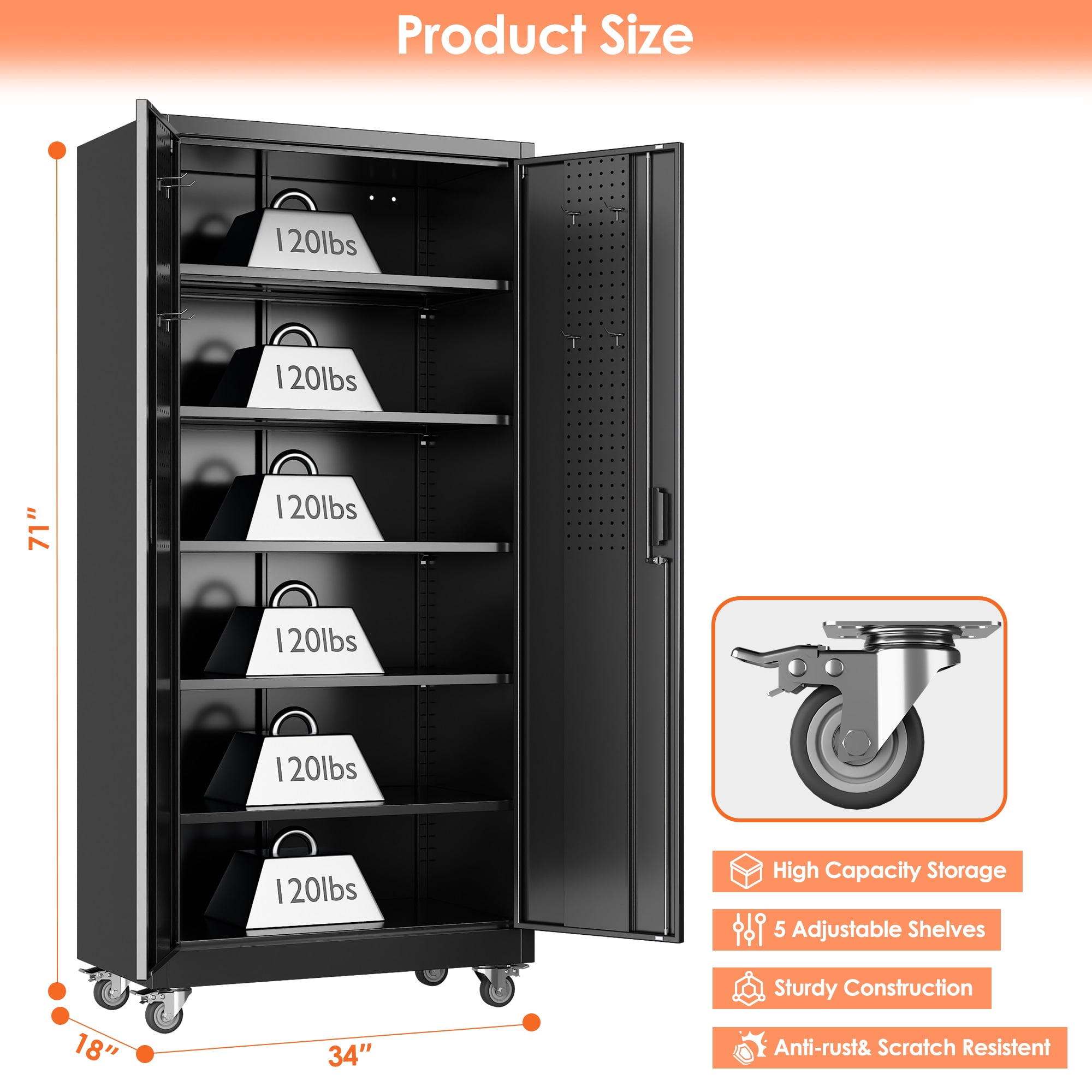Aobabo Upgraded Wide & Deep Garage Storage Cabinets with Wheels & Pegboard,Lockable Metal Storage Cabinets 2 Doors&5 Shelves for Garage Home Office School,Assembly Required, Black