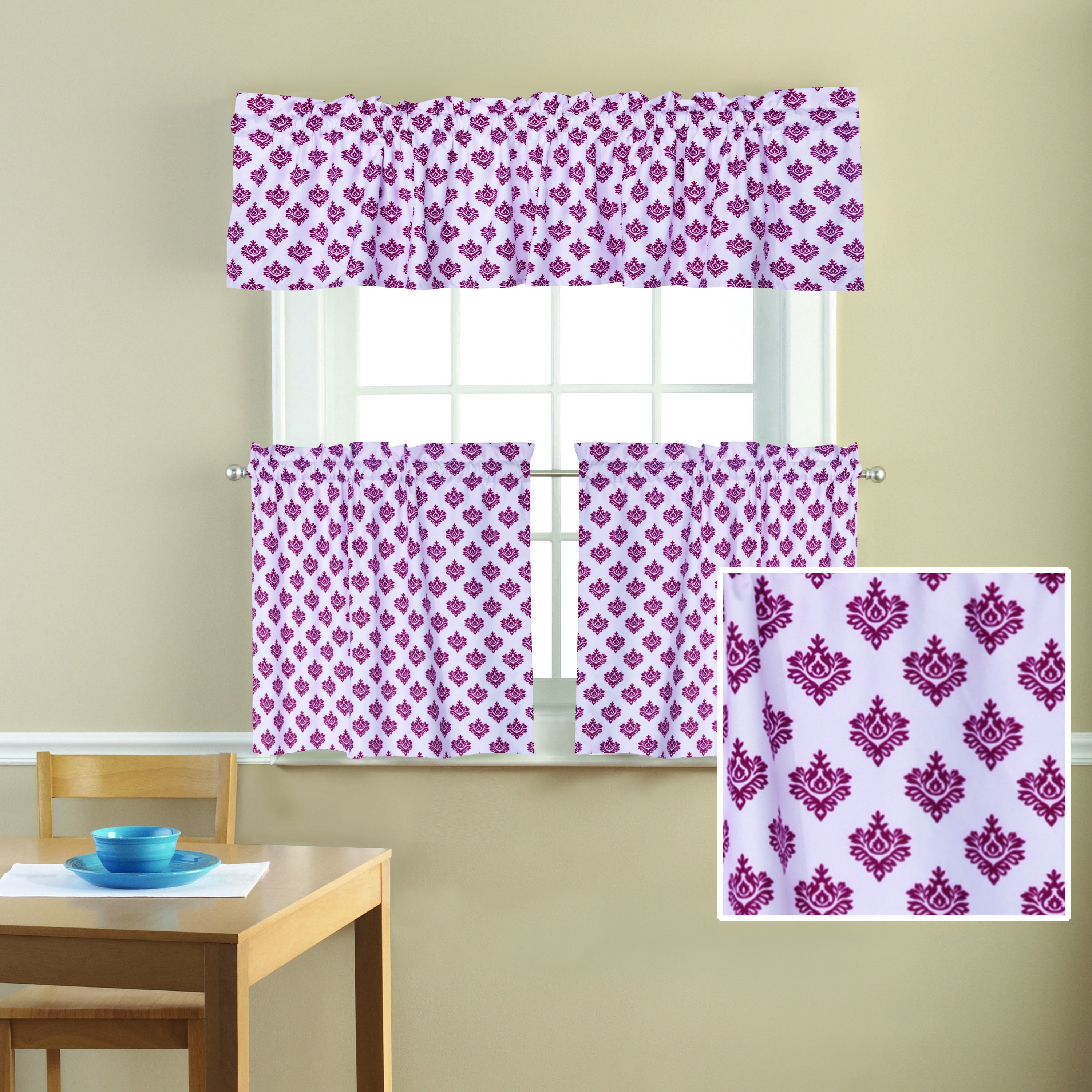 Mainstays Small Damask Classic Noir 3 Piece Kitchen Curtains