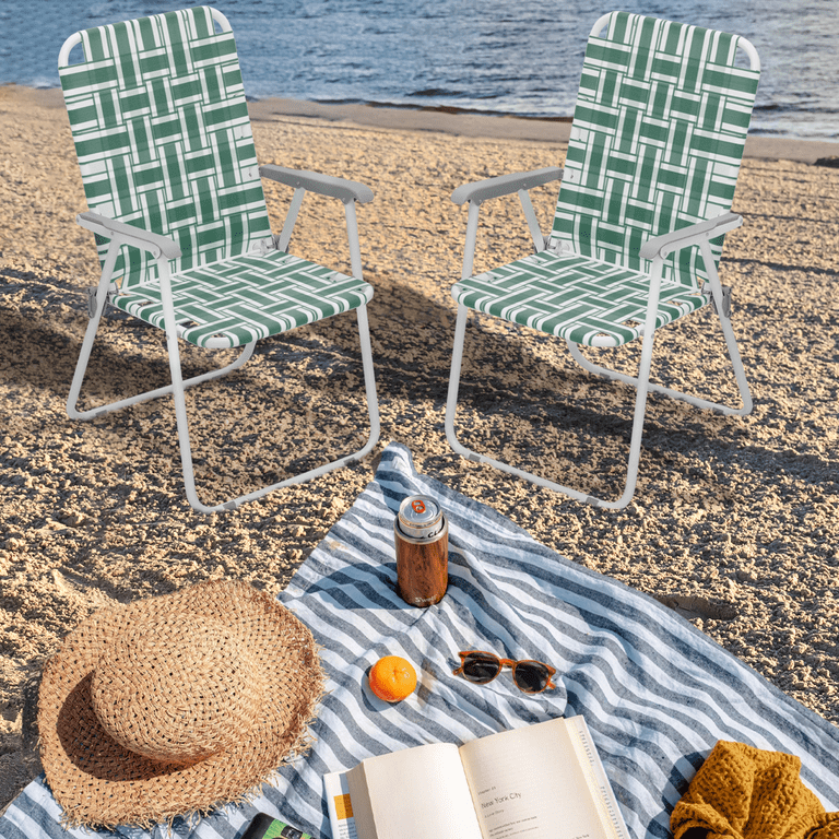 Magshion 2 Pieces Folding Webbed Beach Chairs Portable Camping Woven Seats with Armrests for Outdoor Patio Lawn Dark Green