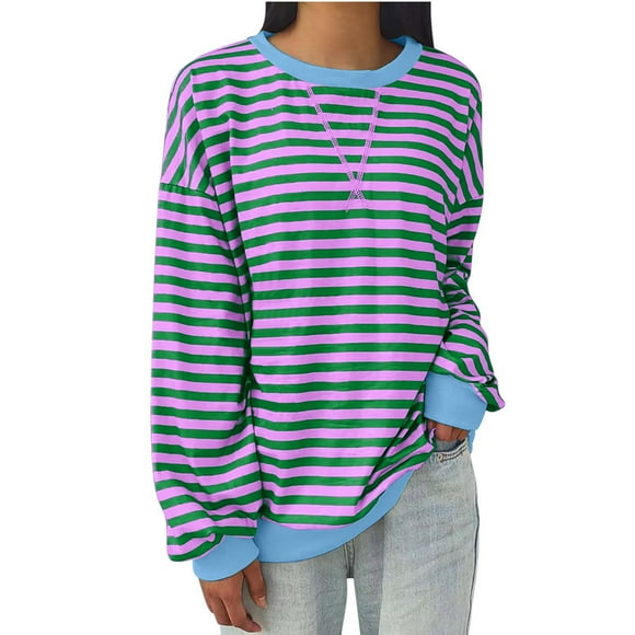 Jsaierl Oversized Sweatshirts for Women Loose Fit Striped Crewneck Sweatshirt Long Sleeve Stretch Fall Pullover Drop Shoulder Plus Size Tops