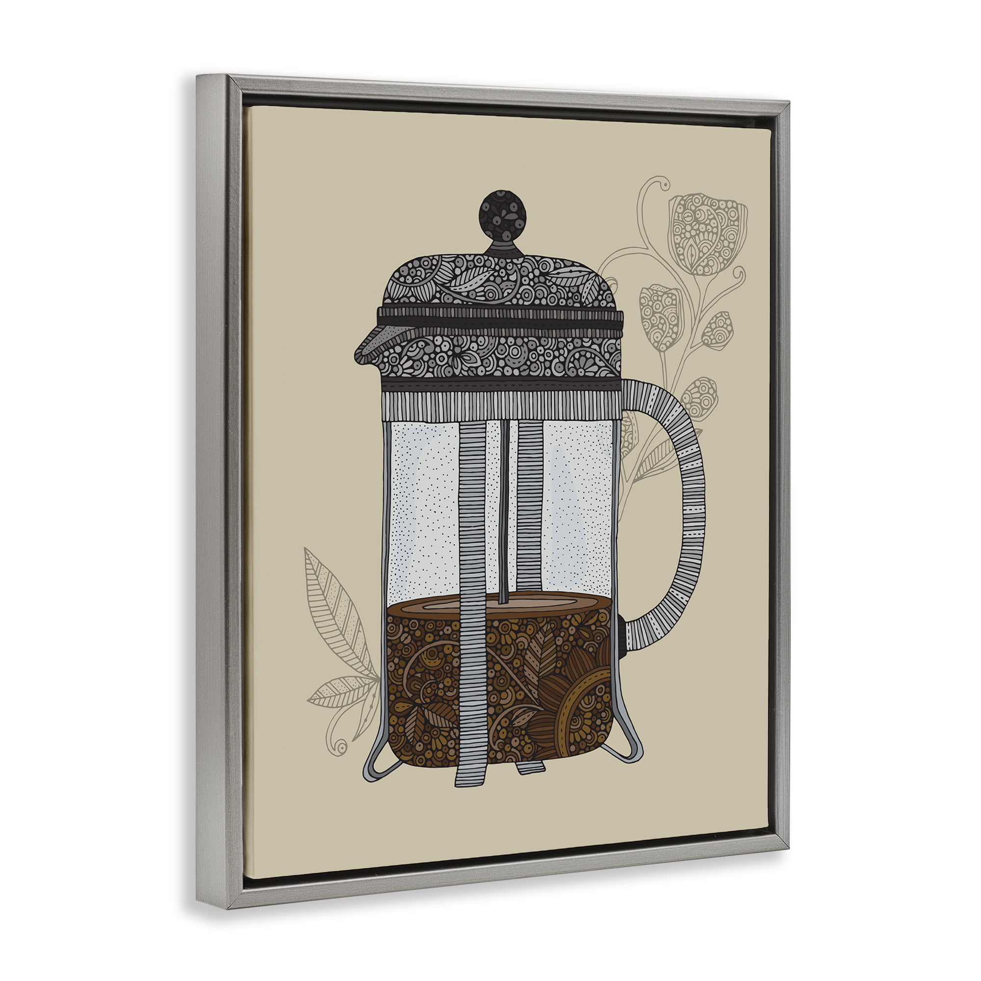 Stupell Industries French Press Coffee Food & Beverage Painting Gray Floater Framed Art Print Wall Art, 25 x 31