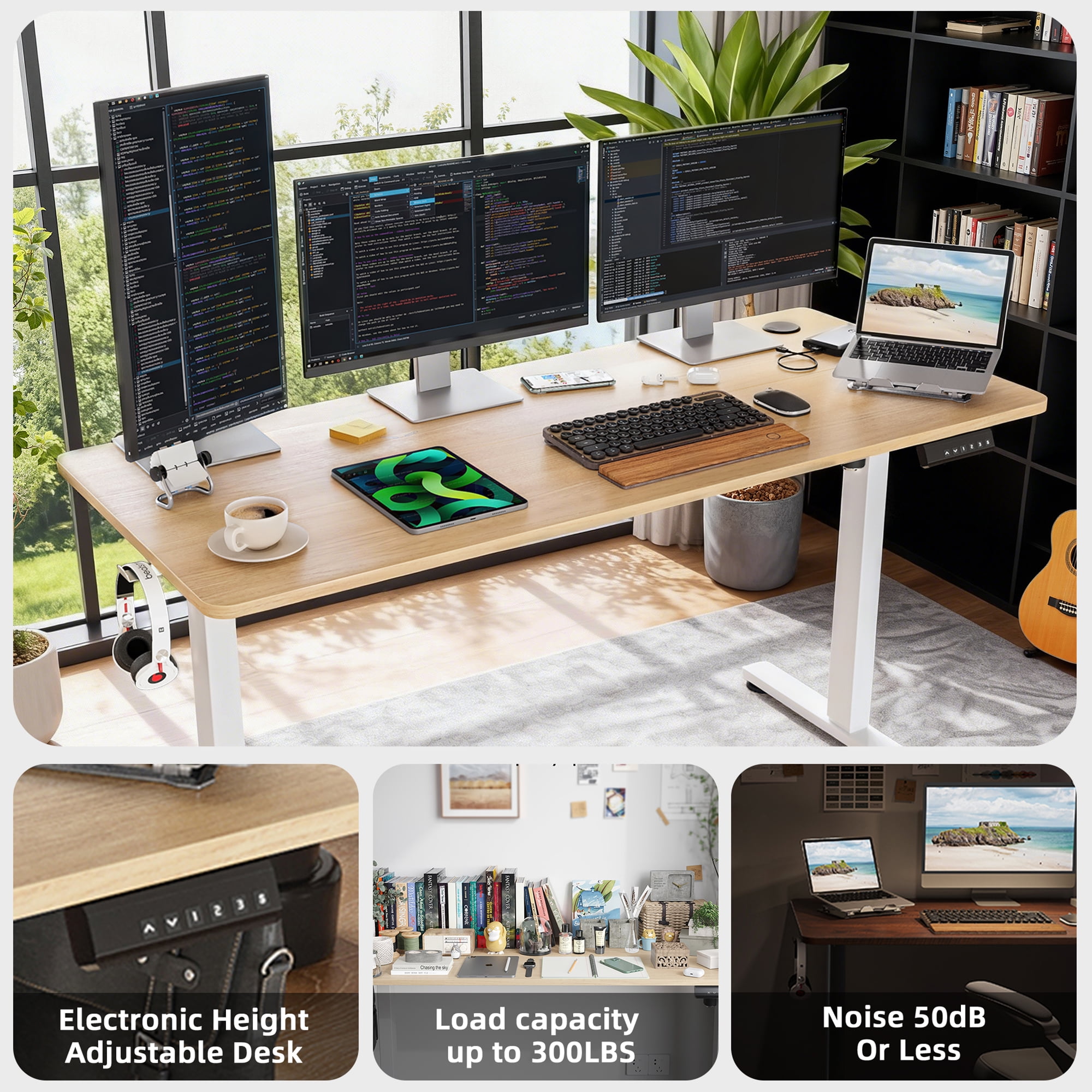 MAYEERTY 55×24" Electric Height-Adjustable Desk, Sit Stand Desk with Side Hooks for Home & Office, Nature