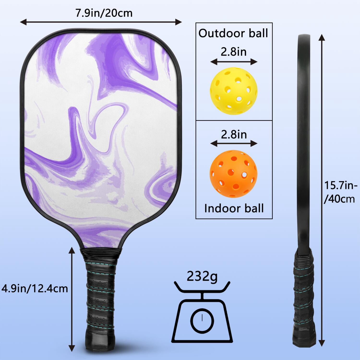 Pickleball Paddles Set Of 2, Fiberglass Surface, Liquid & Marble Print, 4 Balls & Bag