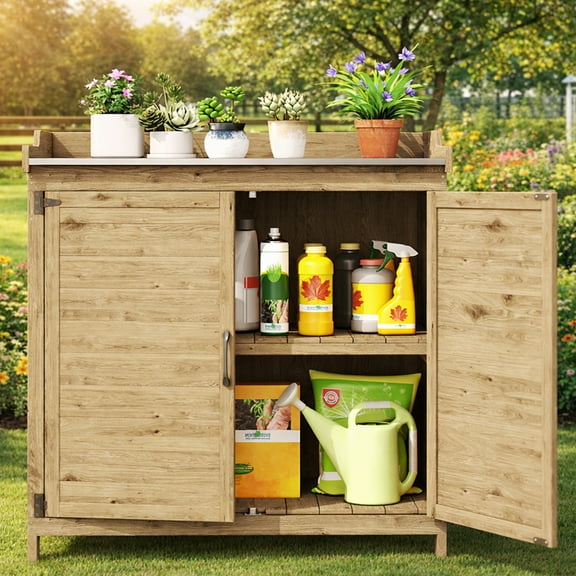 Weatherproof Wooden Storage Cabinet with Metal Tabletop - Outdoor Potting Bench, Garden Work Table with Adjustable Shelf & Double Doors for Backyard, Patio, Lawn in Natural