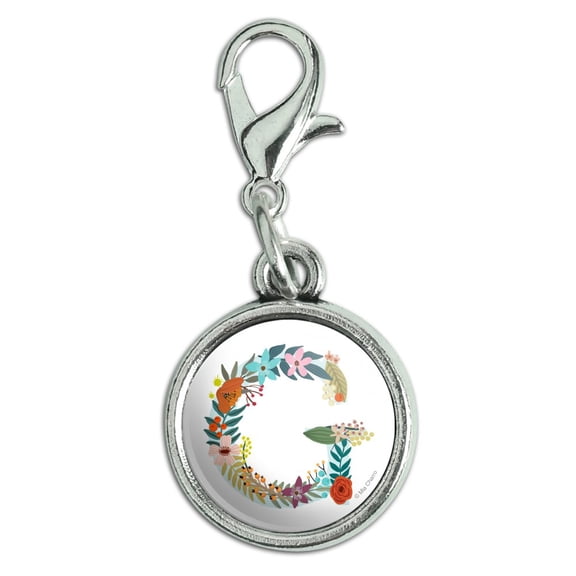Letter G Floral Monogram Initial Antiqued Bracelet Pendant Zipper Pull Charm with Lobster Clasp