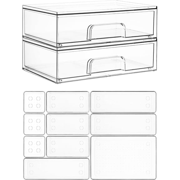 12-Pack Clear Makeup Organizer Set with Drawer Organizer Bins 2 Pack Stackable Storage Drawers & 10 Pack Drawer Organizer for Vanity Cosmetic, Bathroom Countertop, Desk