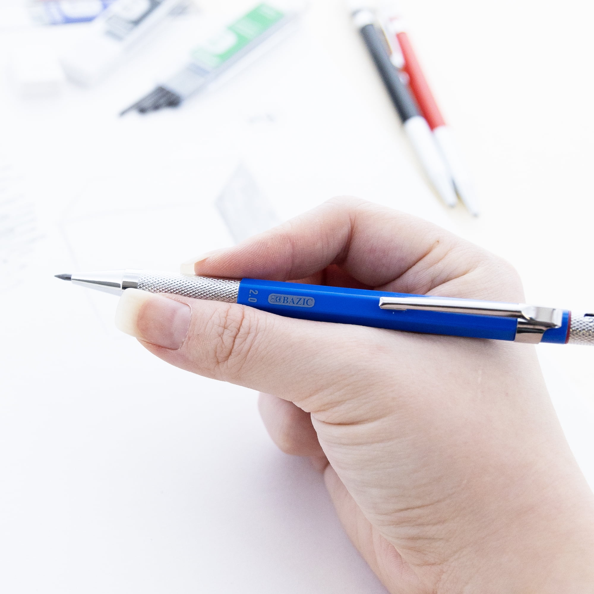 BAZIC 2.0mm Mechanical Lead Pencil with 4 Ceramic Lead Refills, HB 2B 4B 6B Lead, 12-Packs