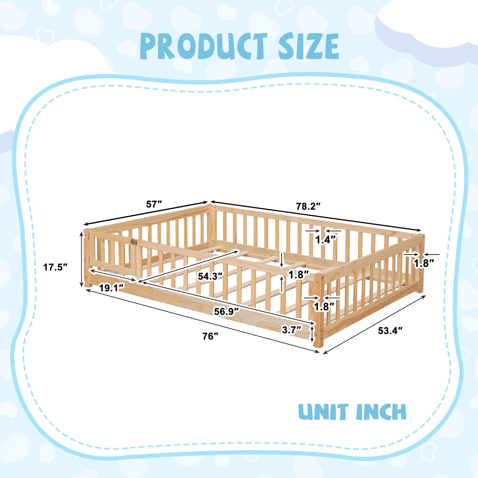DreamBuck Floor Bed Full Size Montessori Bed Frame with Fence and Door, Wooden Full Size Floor Bed for Boys Girls, Slats Included, No Box Spring Needed, Easy Assembly